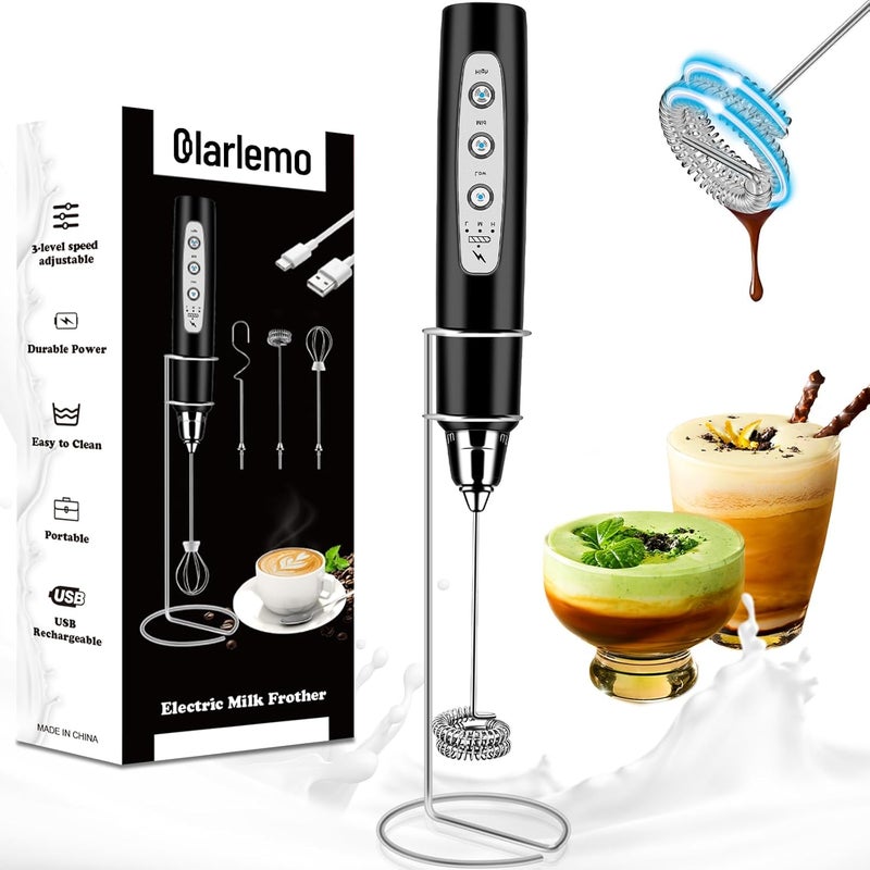 Colarlemo Milk Frother Handheld Rechargeable with Stand, Frother Wand Drink Mixer Electric Whisk for Coffee, Detachable With 3 Stainless Whisks, Hand Mixer for Lattes, Cappuccino, Matcha, Egg, Black - Image 1